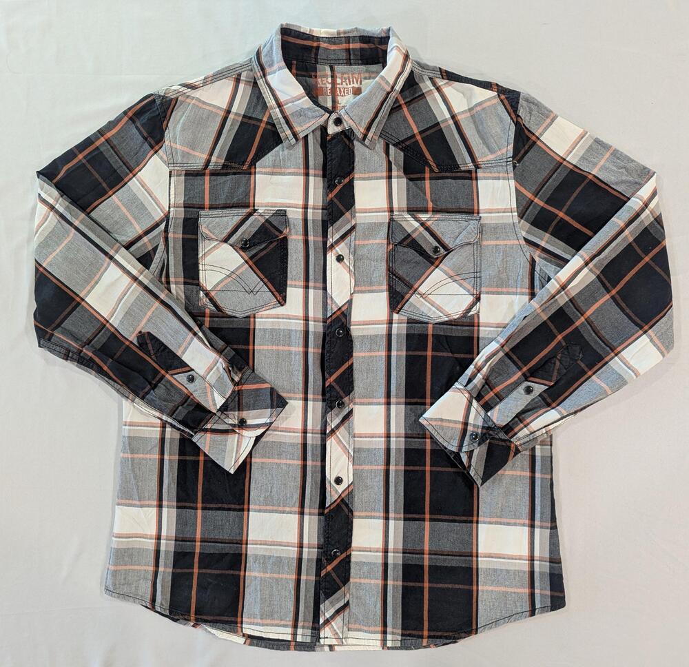 Reclaim Shirt Mens L Gray Plaid Long Sleeve Western Snap Pockets Relaxed